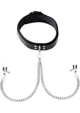 Black Leather Collar With Broad Tip Nipple Clamps