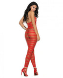 Opaque Net Striped Bodystocking Open Crotch Red O/S