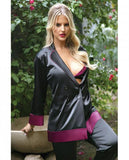 Premiere Marjorie Contrast Cuff Satin Blazer Jacket Black Berry S/M