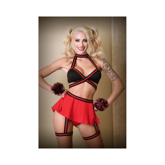 Bralette, Skirt Panty, With Detachable Leg Garter And Pom Pom Wristlets M/l Black And Red