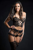4pc Cami Top Lingerie Set W/ Ruffled Garter Belt & Stocking Blackout
