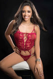 1pc Butterfly Teddy W/ Daring Lace-up Front Thong Red Berry