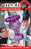 The Macho Double Cock And Balls Ring With Clitoral Tickler Silicone Waterproof Purple